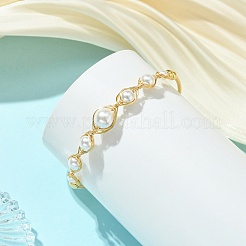 Herringbone Wire-Wrapped Shell Pearl Brass Cuff Bangles&nbsp;BJEW-JB14036