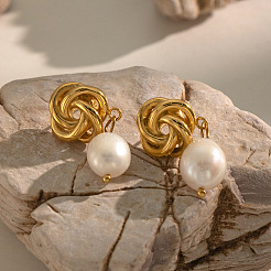 304 Stainless Steel Geometric Twisted and Faux Pearl Knot Dangle Stud Earrings for Women&nbsp;WS4172