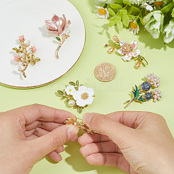 6Pcs 6 Styles Zinc Alloy Enamel & Crystal Rhinestone & Resin Flower Brooch&nbsp;JEWB-PH0001-79