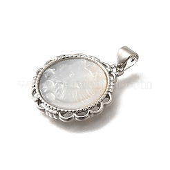 Brass Pave Natural White Shell Carved Cat Pendants&nbsp;KK-Z091-08P-03