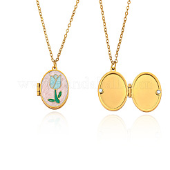 304 Stainless Steel Enamel Geometric Magnetic Photo Locket Pendant Necklaces for Women&nbsp;WG980C2-02