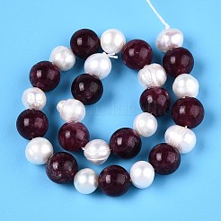 Dyed Natural Garnet Round & Natural Cultured Freshwater Pearl Grooved Potato Beads Strands&nbsp;PEAR-N019-12