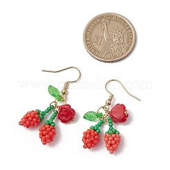 Flower with Cherry 304 Stainless Steel Glass Seed Beads Dangle Earrings&nbsp;EJEW-MZ00419-03