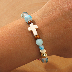 Synthetic Howlite & Glass & Plastic & Zinc Alloy & Brass & Wood Beads Stretch Bracelets for Women&nbsp;JJ5284