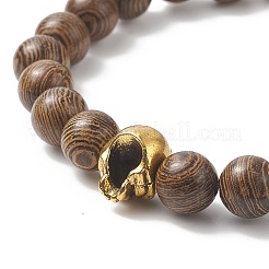 Natural Wenge Wood & Alloy Skull Beaded Stretch Bracelet for Women&nbsp;BJEW-JB09146