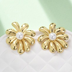 Flower Brass ABS Plastic Imitation Pearl Stud Earrings&nbsp;EJEW-U062-05G