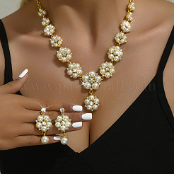 Flower Alloy Crystal Rhinestone & Plastic Pearl Link Chain Necklaces & Stud Dangle Earrings Sets&nbsp;FS-WGC22CC-01