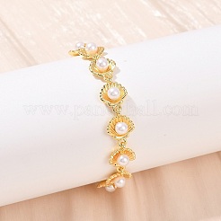 Brass & White Round ABS Plastic Pearl Shell Shape Link Chain Bracelets for Women&nbsp;BJEW-L707-03G