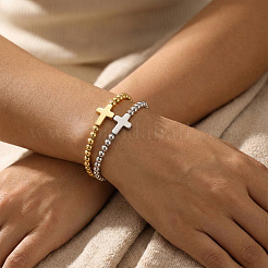 2Pcs Brass & 304 Stainless Steel Beads Stretch Bracelets Set&nbsp;EI7625-2