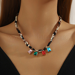 Alloy with Colorful Glass Pendant Polyester Collar Knot Tie Necklaces for Women&nbsp;NJEW-SP0001-17B