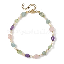 Natural Rose Quartz & Amazonite & Prehnite & Amethyst & Cultured Freshwater Pearl Nuggets Beaded Anklets for Women&nbsp;AJEW-AN00858