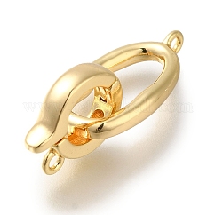Brass Fold Over Clasps, Cadmium Free & Nickel Free & Lead Free, Oval, Real 18K Gold Plated, 32mm, oval: 22x12x3mm, hole: 1.5mm, clasp: 14x11x3.5mm, hole: 1.5mm