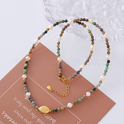 Natural Indian Agate Faceted Round & Natural Pearl Beaded 925 Sterling Silver Oval Pendants Necklaces&nbsp;RJ3624