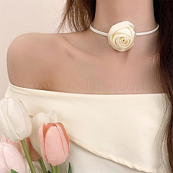1Pc Fabric French Rose Flower Pendant PU Leather Choker Women's Necklaces&nbsp;NJEW-CL0001-06C