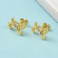Brass Micro Pave Clear Cubic Zirconia Bowknot Stud Earrings&nbsp;EJEW-A145-02B-G
