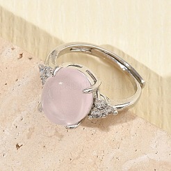 Brass Micro Pave Cubic Zirconia with Natural Rose Quartz Cuff Open Rings&nbsp;RJEW-T035-01P-L
