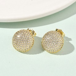 Flat Round Brass Micro Pave Clear Cubic Zirconia Stud Earrings&nbsp;EJEW-P336-04G