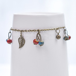 Vintage Alloy Bell Leaf and Porcelain Rondelle Beads Tassel Anklets for Women&nbsp;FS-WG4AD9F-01