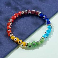 Rainbow Round Evil Eye Lampwork Stretch Beaded Bracelets for Kids&nbsp;BJEW-JB05940