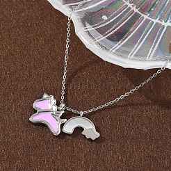 304 Stainless Steel Pearl Pink Enamel & Natural White Shell Pendant Unicorn Rainbow Pendant Necklaces for Women&nbsp;NJEW-M101-02P