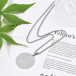 201 Stainless Steel Flat Round with Arabic Pendant Box Chain Necklaces for Women Men&nbsp;LS-NJEW-R013-03P