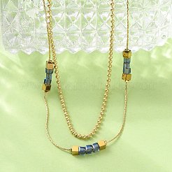 304 Stainless Steel & Cube Blue Glass Double Layer Necklaces for Women&nbsp;NJEW-A045-15G