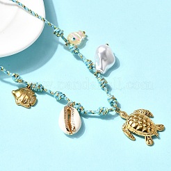 Summer Beach 304 Stainless Steel & Electroplated Natural Shell Pendant Adjustable Polyester Cord Necklaces for Women&nbsp;NJEW-F348-01E-G