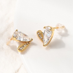 Brass Micro Pave Clear Cubic Zirconia Heart Stud Earrings&nbsp;EJEW-C158-04G