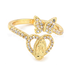 Butterfly & Heart Brass Micro Pave Cubic Zirconia Open Cuff Rings&nbsp;RJEW-P094-01G