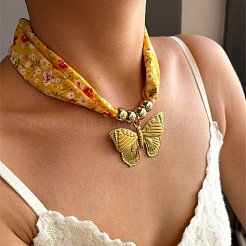 Butterfly 304 Stainless Steel Pendant Printed Cloth Scarf Necklaces for Women&nbsp;FS-WG29D0A-01