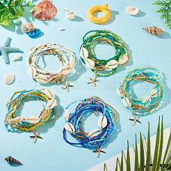 2 Bags Summer Beach Glass Seed Beaded & Natural Shell & Alloy Starfish Charm Anklet Sets&nbsp;AJEW-TA0003-69E