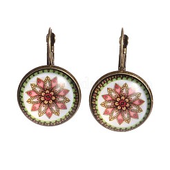 Flower Pattern Glass Cabochon Brass Leverback Earrings&nbsp;EJEW-JE01721