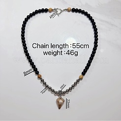European 8mm Black Glass Beaded Natural Picture Jasper Pyramid Pendant Necklaces with Alloy OT Clasps for Men&nbsp;WW6368-2