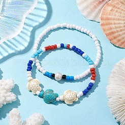 Summer Beach Turtle Synthetic Turquoise & Pearl Bracelet Sets&nbsp;BJEW-JB10347-02