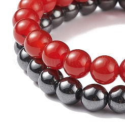 2Pcs 2 Style Natural Red Agate Carnelian(Dyed & Heated) & Synthetic Hematite Stretch Bracelets Set with Alloy Dragon&nbsp;BJEW-JB08655