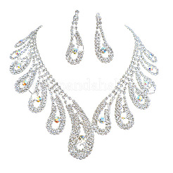 Teardrop Brass Rhinestone Pendant Necklaces & Stud Dangle Earrings Sets for Women&nbsp;WGD620E-01