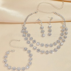 Flower Alloy Rhinestone Chain Double Layer Necklaces & Stud Dangle Earrings & Bracelets Sets&nbsp;FS-WG0F210-01