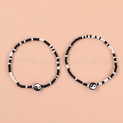 2Pcs Yin-yang Polymer Clay Glass Seed Beaded Stretch Anklet Sets for Women&nbsp;FS-WG3863F-08