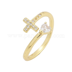Rack Plating Cross & Heart Brass Micro Pave Cubic Zirconia Cuff Rings for Women&nbsp;RJEW-M028-63G