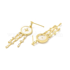 Cubic Zirconia Flat Round with Tassel Dangle Stud Earrings&nbsp;EJEW-F281-21G