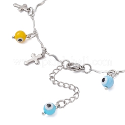 3Pcs 3 Colors Handmade Evil Eye Lampwork & 304 Stainless Steel Cross Tassel Bar Link Chain Anklets for Women&nbsp;AJEW-AN00741