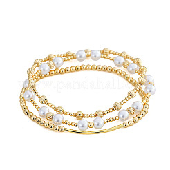 3Pcs 3 Styles Brass & Imitation Pearl Round Beads Stretch Bracelets Set&nbsp;VN0532