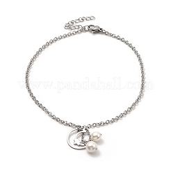 CCB Pearl & 304 Stainless Steel Charm Anklet for Women&nbsp;AJEW-C021-22P
