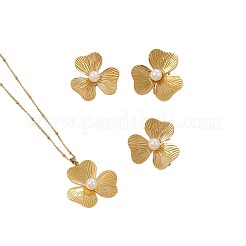 304 Stainless Steel Imitation Pearl Flower Stud Earrings & Pendant Necklaces & Rings Sets for Women&nbsp;WG65500-06