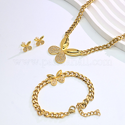 Women's Stainless Steel & Brass Micro Pave Cubic Zirconia Link Bracelets & Stud Earrings & Pendant Necklaces Sets&nbsp;HK0895-1