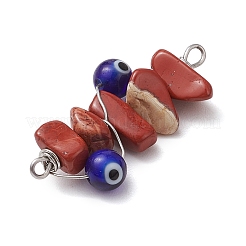 5Pcs 5 Styles Natural Red Jasper & Amethyst & Fluorite & Sunstone & South Red Agate Chip Copper Wire Wrapped Handmade Lampwork Blue Evil Eye Connector Charms&nbsp;PALLOY-JF02977-03