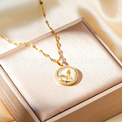 Brass Clear Cubic Zirconia Flat Round Butterfly Pendant Dapped Chain Necklaces for Women&nbsp;LS-WA9125