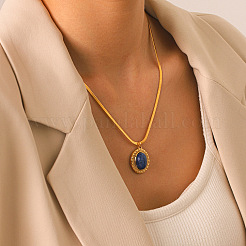 304 Stainless Steel Natural Lapis Lazuli Flat Round Pendant Necklaces for Women&nbsp;WGF5CA3-01
