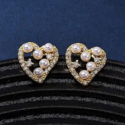 Brass Micro Pave Clear Cubic Zirconia Heart Stud Earrings&nbsp;EJEW-K267-39G