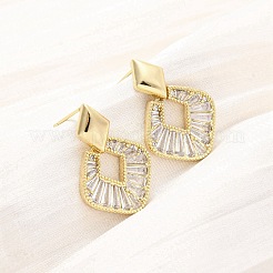 Rhombus Brass Micro Pave Clear Cubic Zirconia Dangle Stud Earrings&nbsp;EJEW-F373-02G